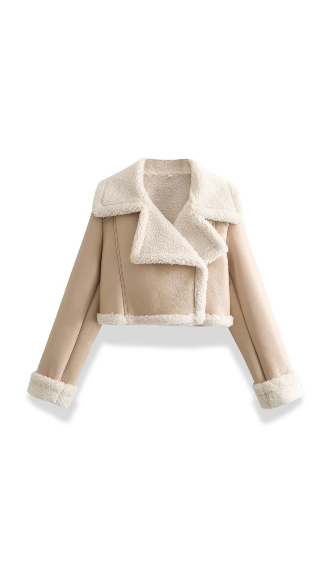 Beige cropped leather aviator jacket with plush white shearling trim on the collar, cuffs, and hem.
