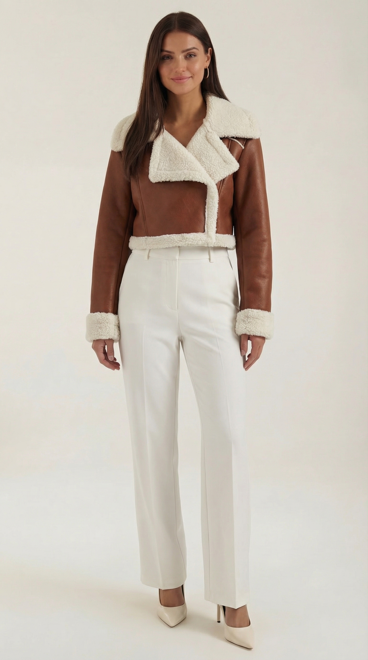 Brown leather aviator jacket with a cropped fit, plush white shearling trim, and zip-up front, worn with white trousers.