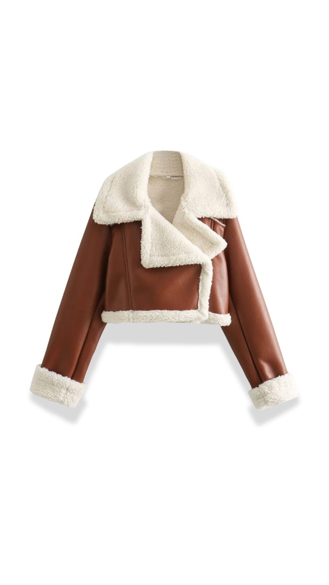 Brown cropped leather aviator jacket featuring a plush cream shearling collar, hem, and cuffs.