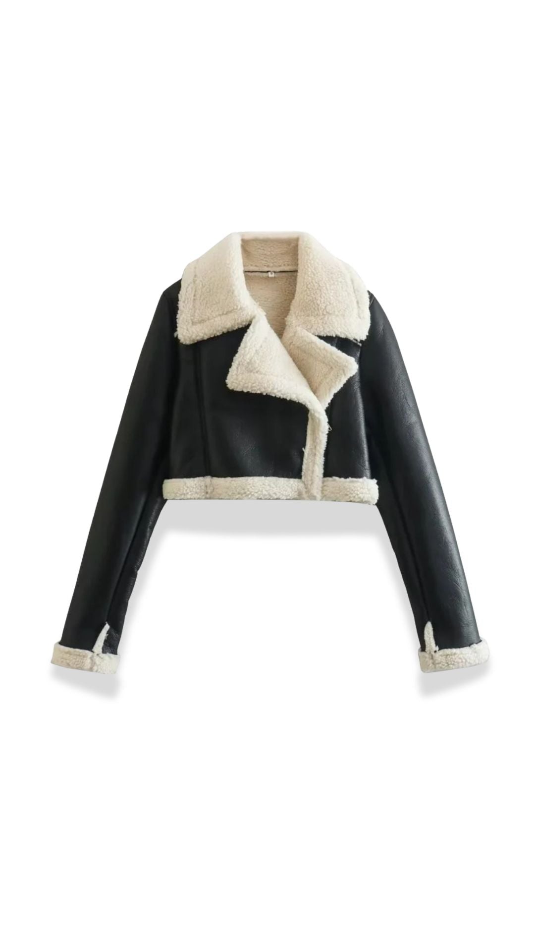 Black leather aviator jacket with a cropped fit, plush cream shearling collar, and matching trim on cuffs and hem.