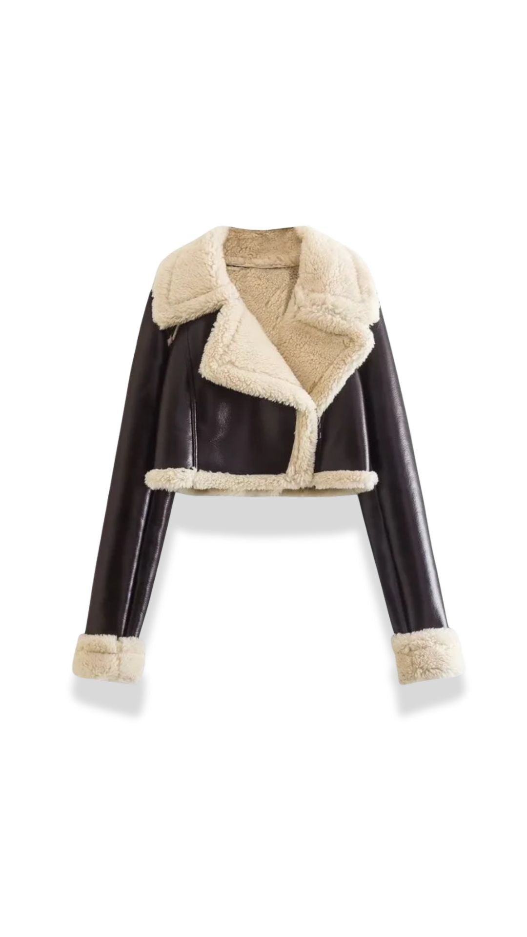 Black leather aviator jacket with a cropped silhouette, plush shearling collar, and fleece-lined cuffs.