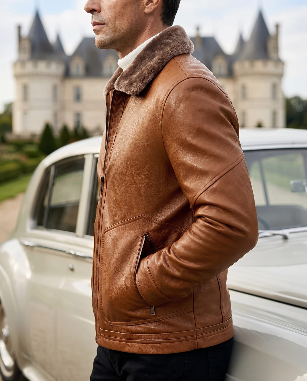 Brown leather aviator jacket with a soft shearling collar, zip front, and side pockets, worn over a white turtleneck.