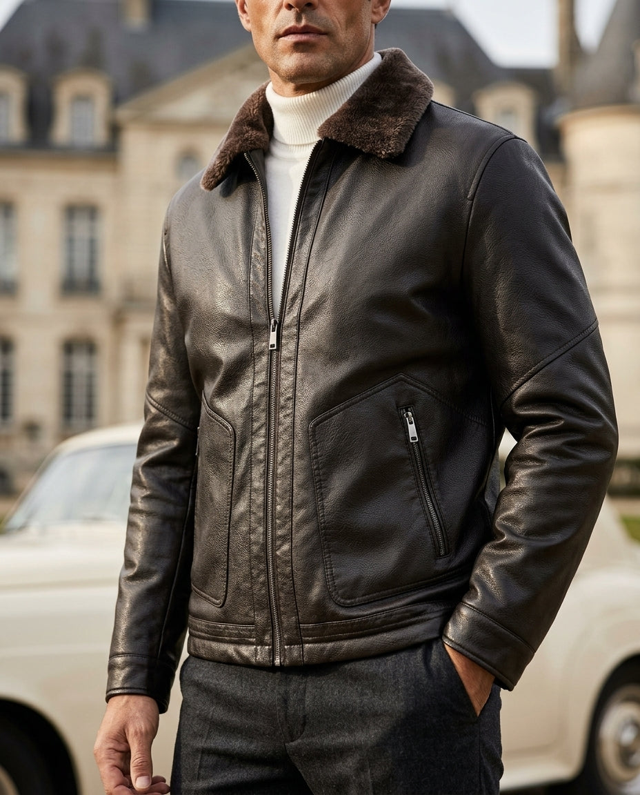 Matte brown leather aviator jacket with a dark shearling collar, zip front, and side pockets worn over a white turtleneck.