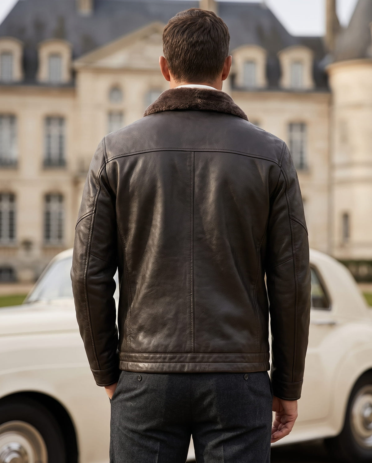 Brown leather aviator jacket with a soft shearling collar, featuring a structured matte finish and tailored back fit.