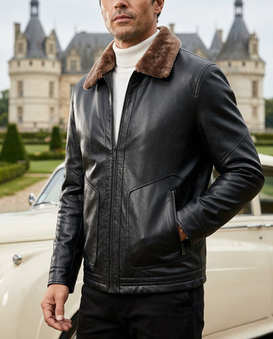 Black leather aviator jacket with a brown shearling collar, zip front, and side pockets worn over a white turtleneck.