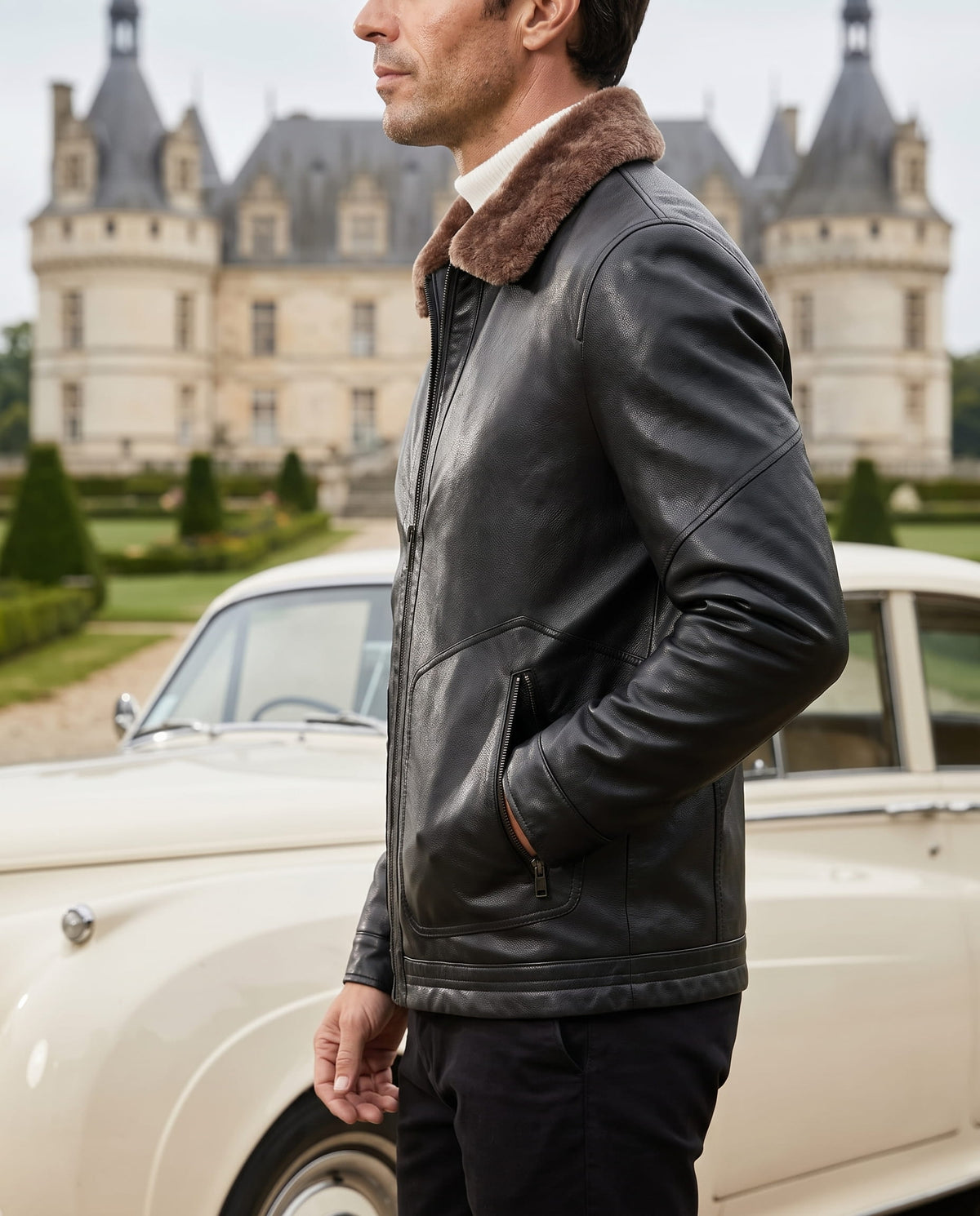 Black matte leather aviator jacket with a brown shearling collar, zip front, and side pockets worn over a white turtleneck.