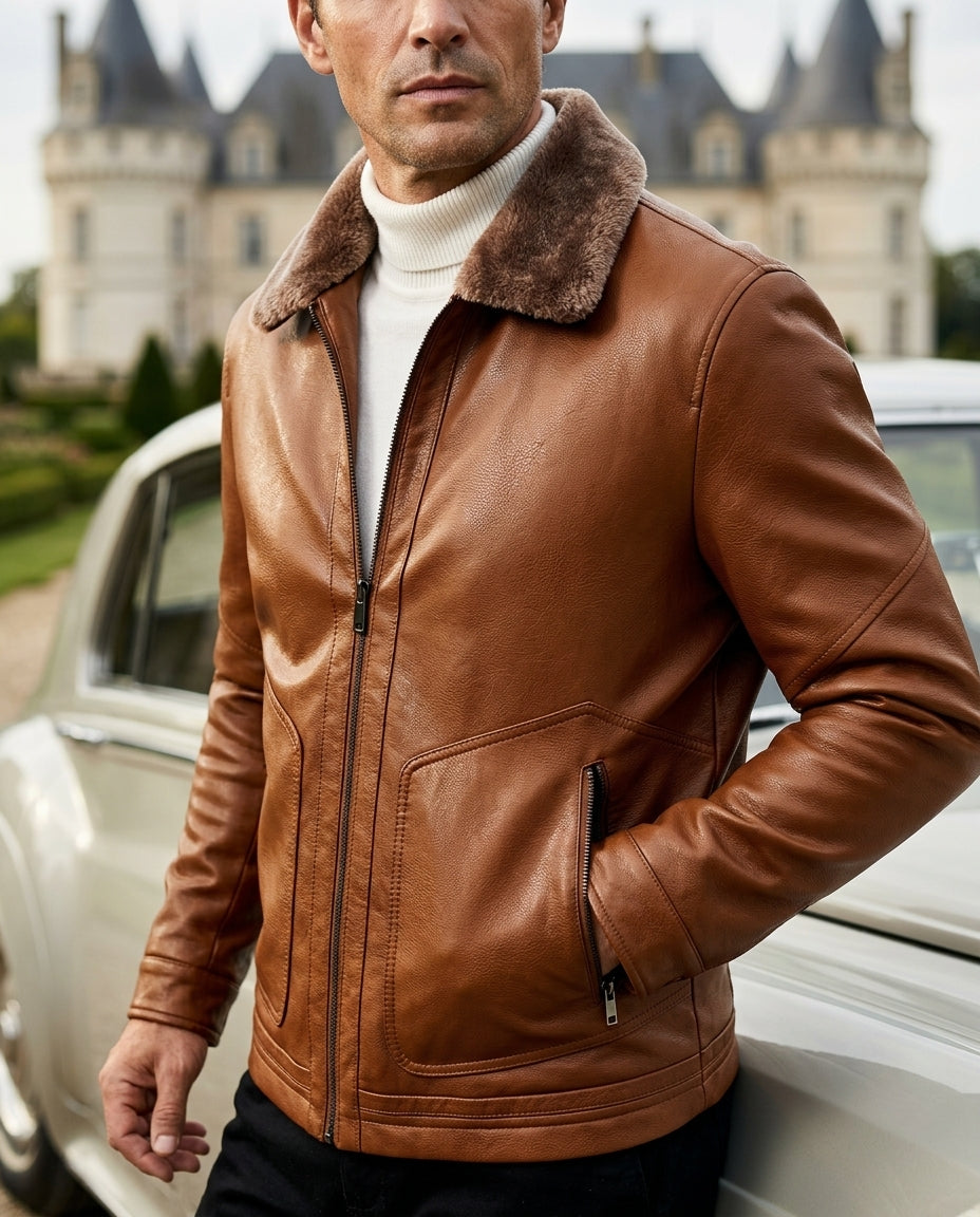 Brown leather aviator jacket with a soft brown shearling collar, zip front, and side pockets worn over a white turtleneck.