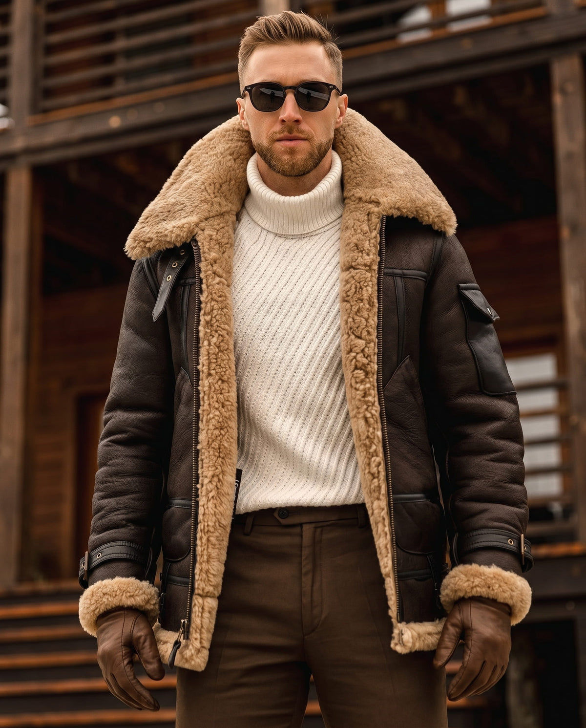 Dark brown leather aviator jacket with a plush shearling collar, worn over a white ribbed turtleneck sweater.