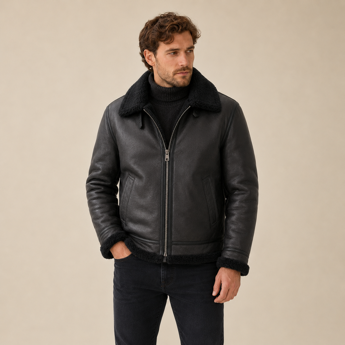A man wearing a black leather aviator jacket with a shearling collar and full-zip front