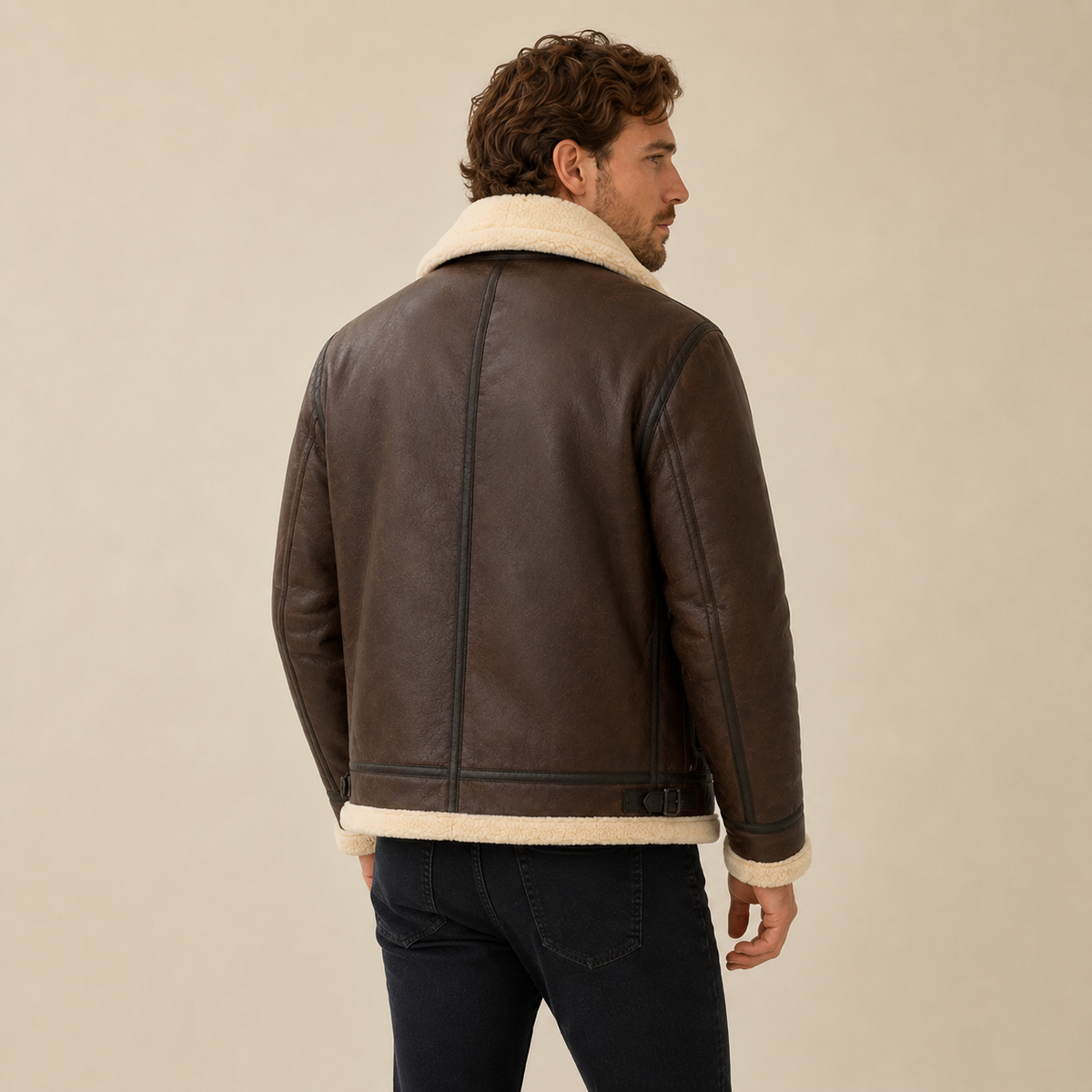 A man wearing a brown leather aviator jacket with a shearling collar and zip front, shown from the back