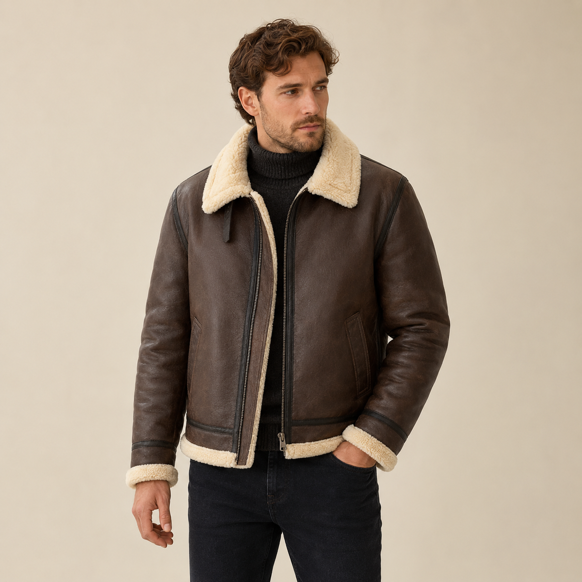 A man wearing a brown leather aviator jacket with a shearling collar, zip front, and shearling-trimmed cuffs and hem