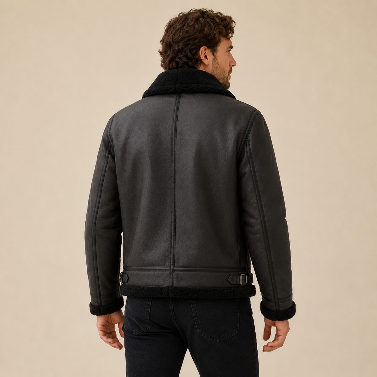 A man wearing a black leather aviator jacket with a shearling collar and zip front, shown from the back
