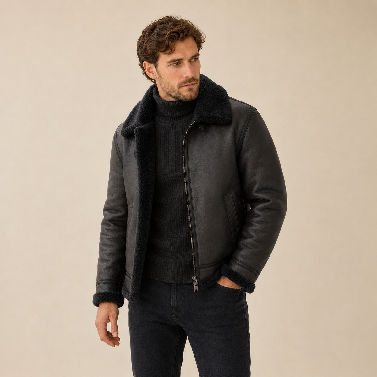 A man wearing a black leather aviator jacket with a shearling collar and full-zip front, shown in three-quarter view