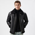 Black leather aviator jacket featuring a plush shearling collar, asymmetric zip closure, and buckle strap details.