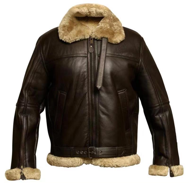 A brown leather aviator jacket with shearling lining, a full-zip front, and plush shearling collar and cuffs, shown flat