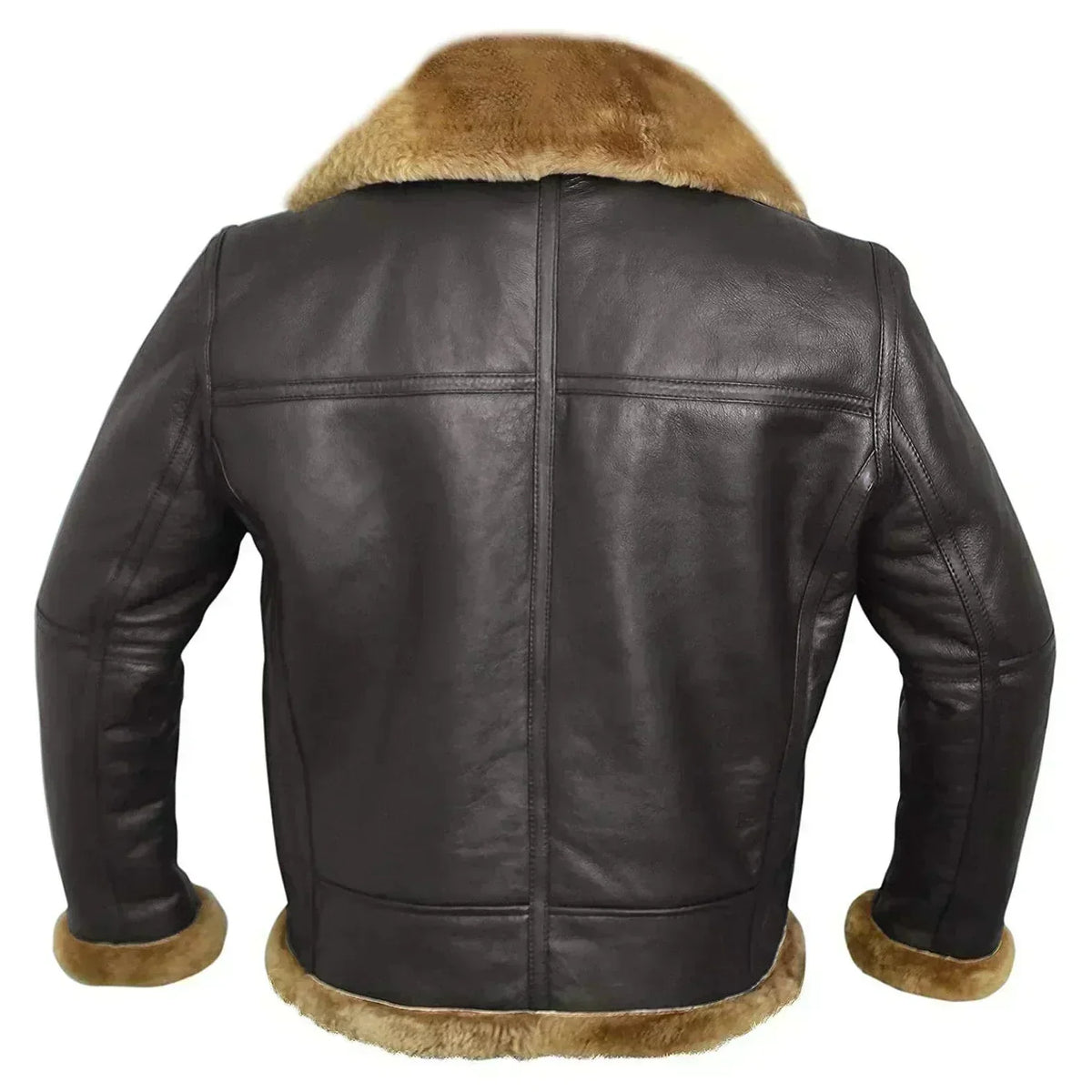 A brown leather aviator jacket with shearling lining, a full-zip front, and plush shearling collar, shown from the back
