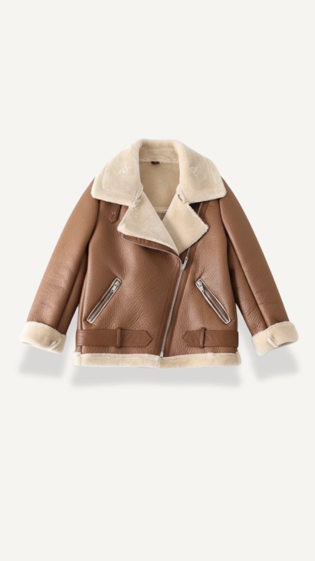 Brown leather aviator jacket with cream shearling trim, diagonal zip front, and adjustable belted hem.