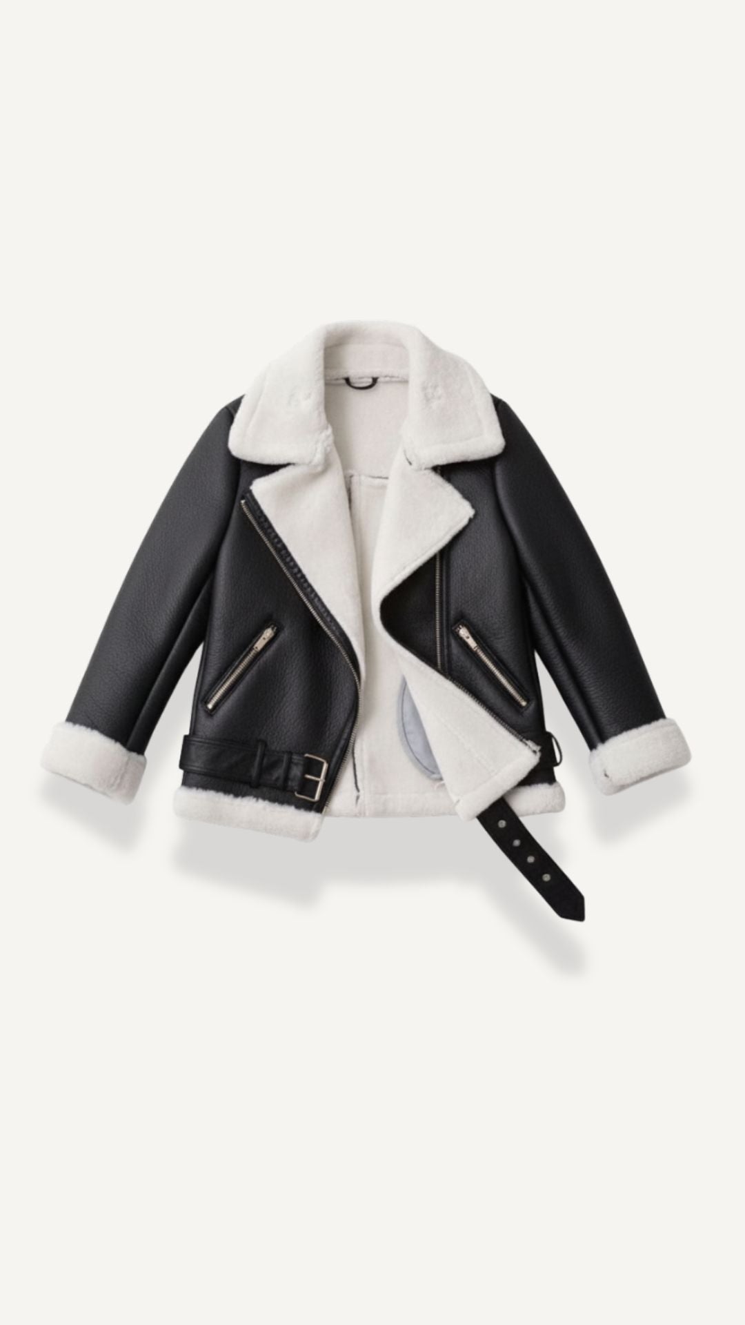 Black and white leather aviator jacket with white shearling trim, diagonal zip front, and adjustable belted hem.