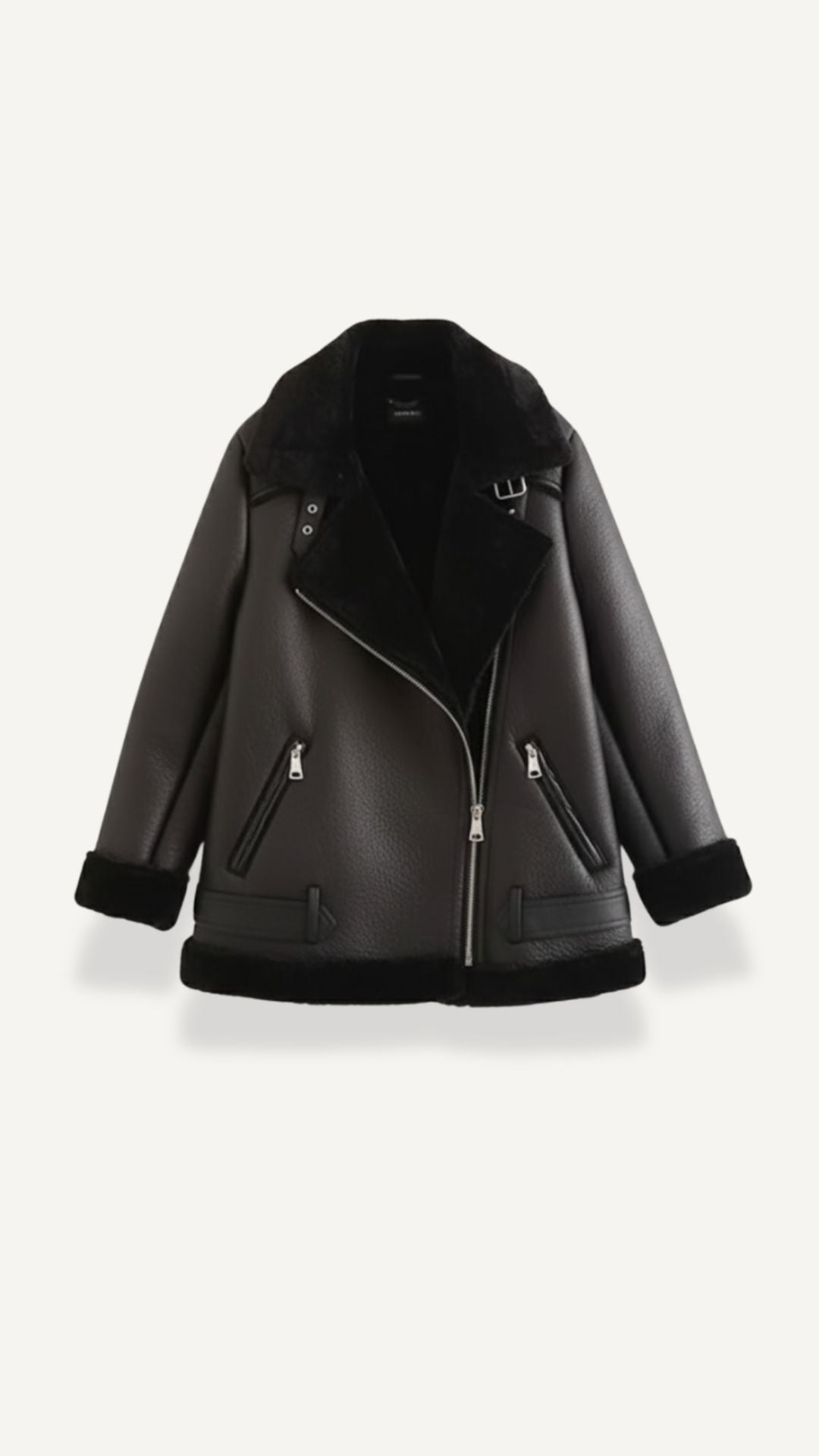 Black leather aviator jacket with plush shearling trim, diagonal zip front, and an adjustable belted hem.