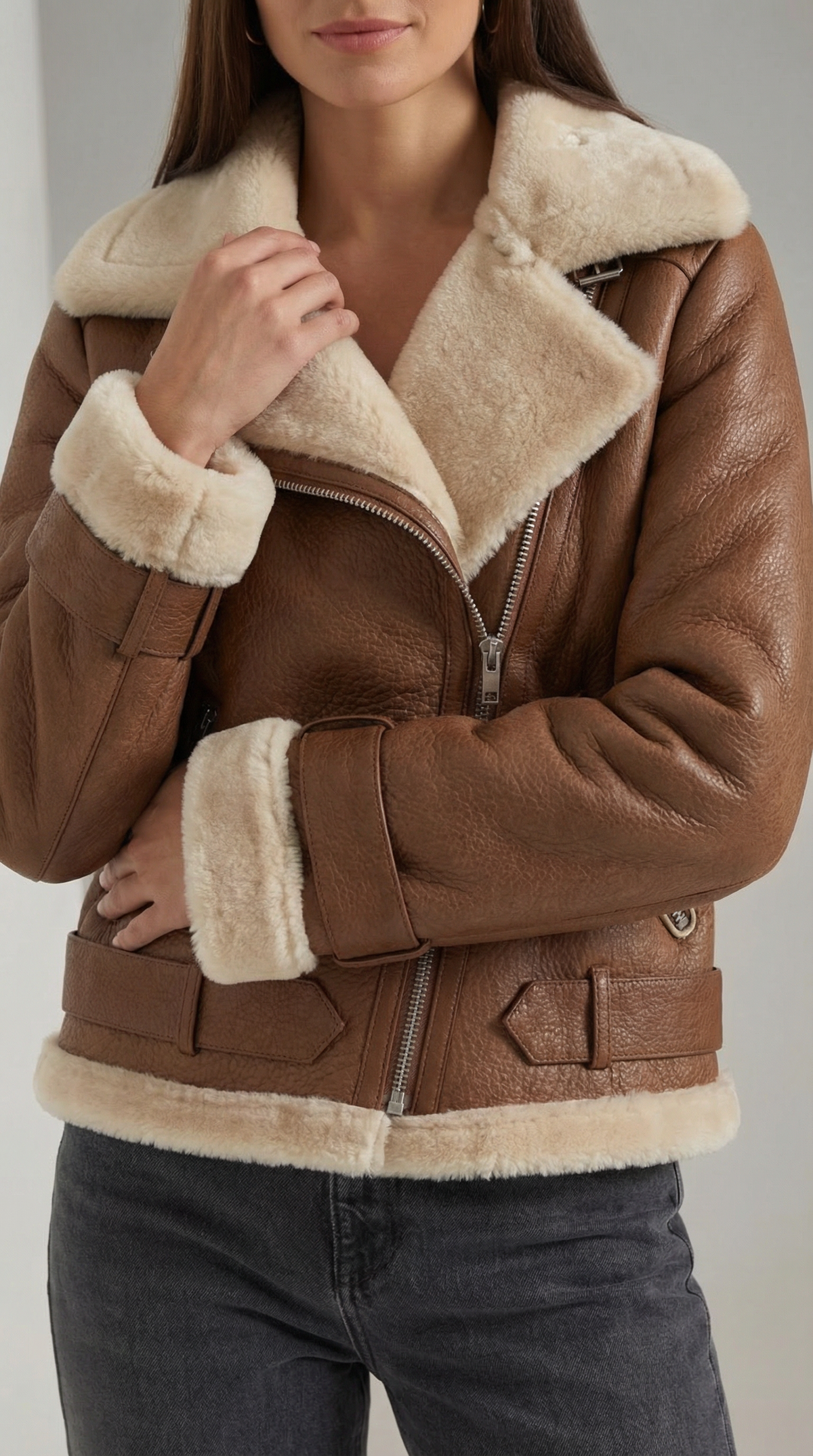 Brown leather aviator jacket with plush cream shearling trim, diagonal zip front, and an adjustable belted hem.