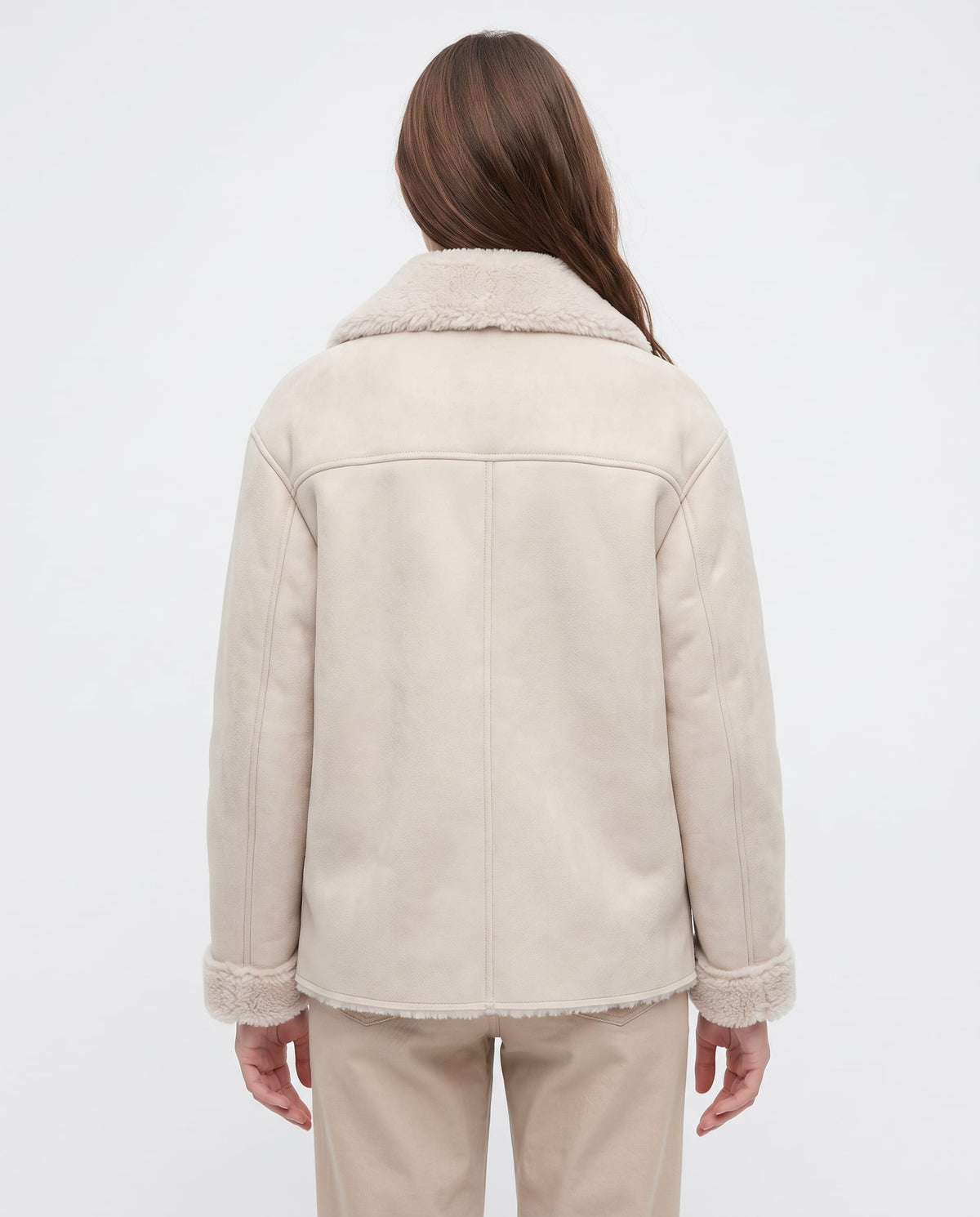 Back view of an oversized cream leather aviator jacket featuring a plush sherpa collar and matching cuffs.