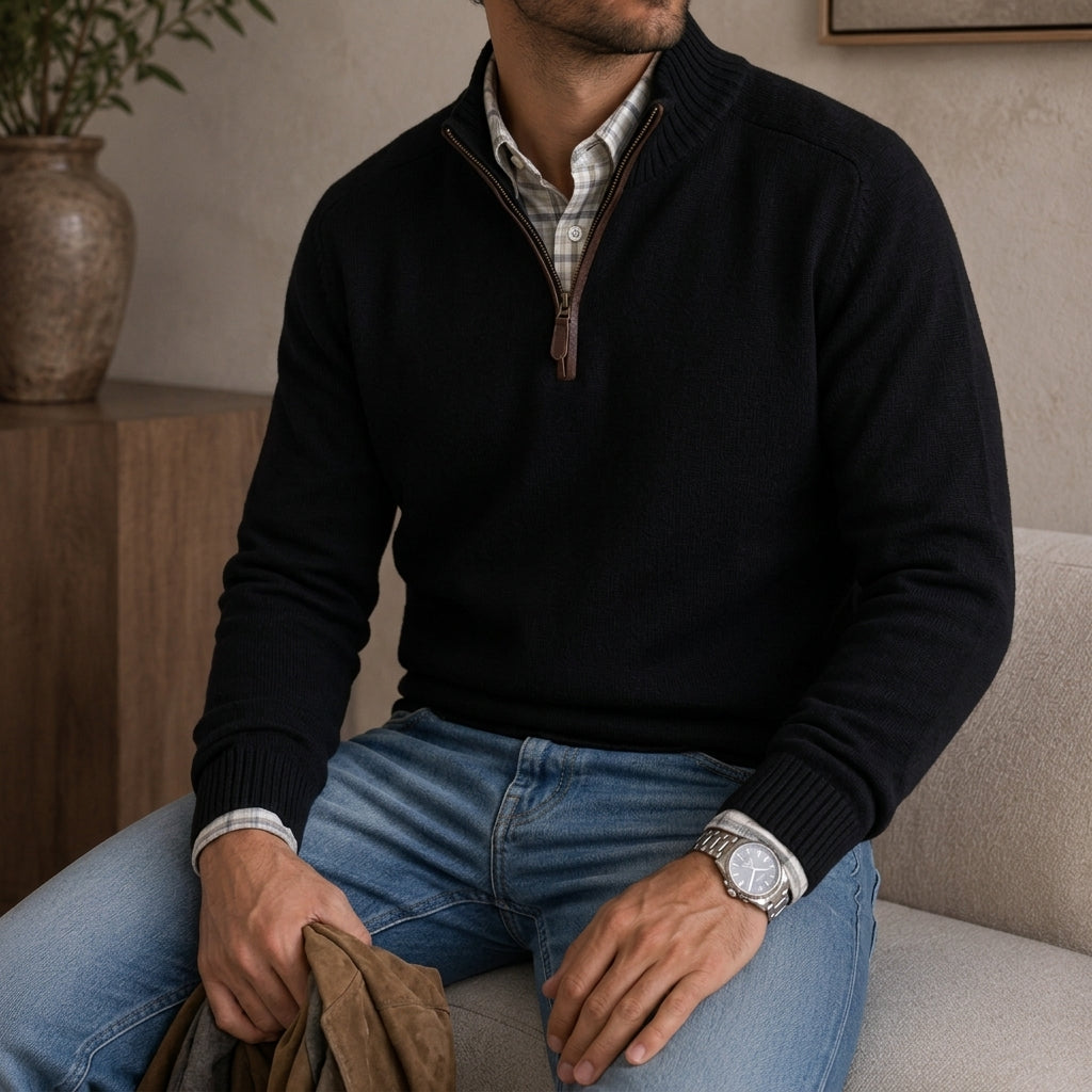Leonard Fine Knit Quarter-Zip Pullover – Ribbed Trim Regular Fit Sweater