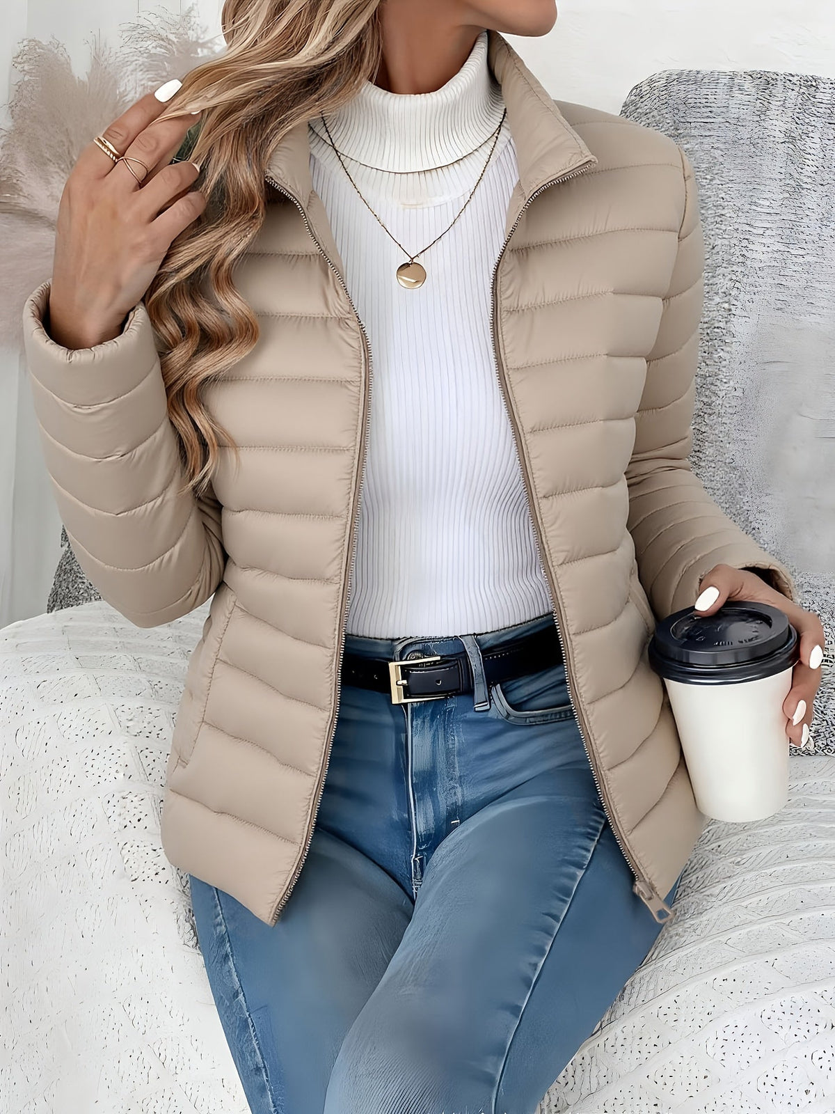Beige slim-fit puffer jacket with horizontal channel quilting, stand collar, and zip front worn over a white turtleneck.