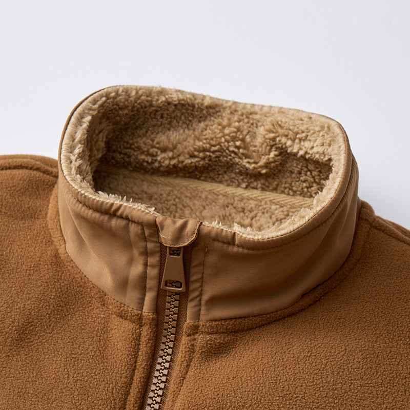 Tan polar fleece jacket with a plush sherpa-lined stand collar and a sturdy front zipper against a neutral background.