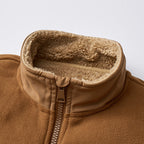 Tan polar fleece jacket with a plush sherpa-lined stand collar and a sturdy front zipper against a neutral background.