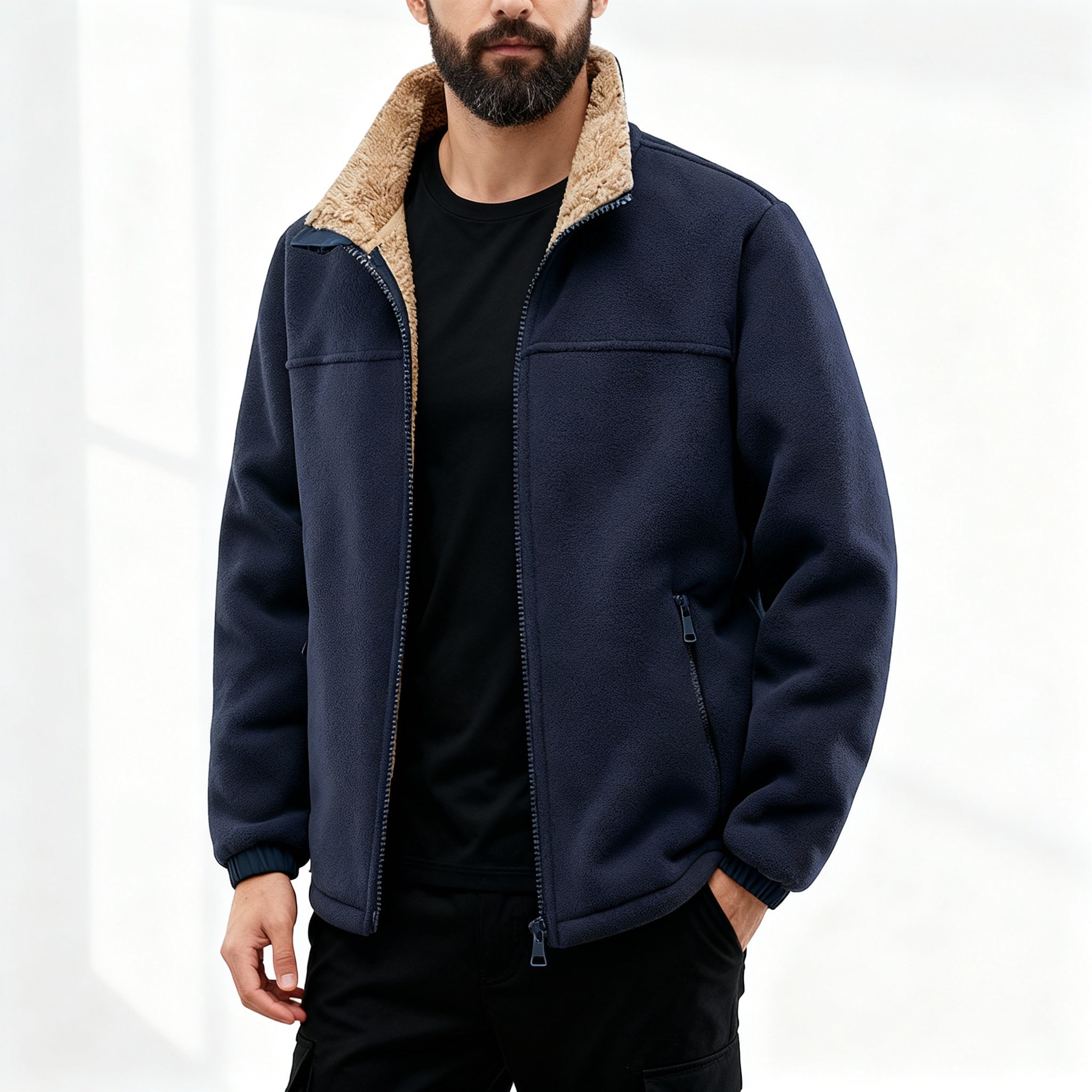 Navy blue polar fleece jacket with a plush tan sherpa-lined stand collar, zip front, and elastic cuffs.