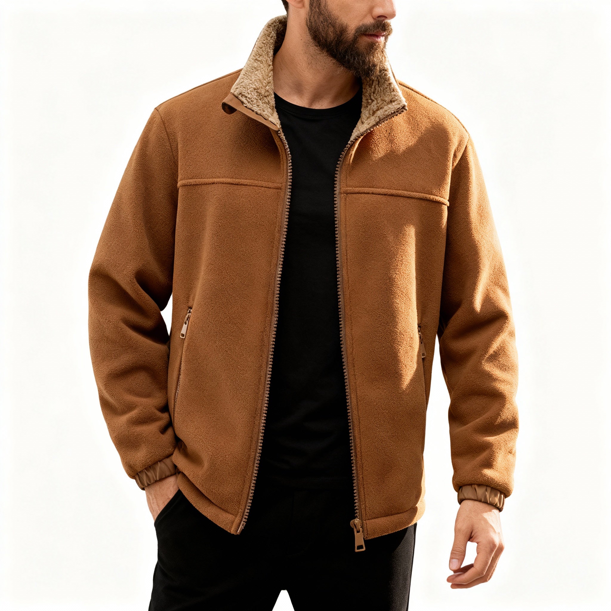 Tan polar fleece jacket with a plush sherpa-lined stand collar, zip front, and elastic cuffs worn over a black shirt.