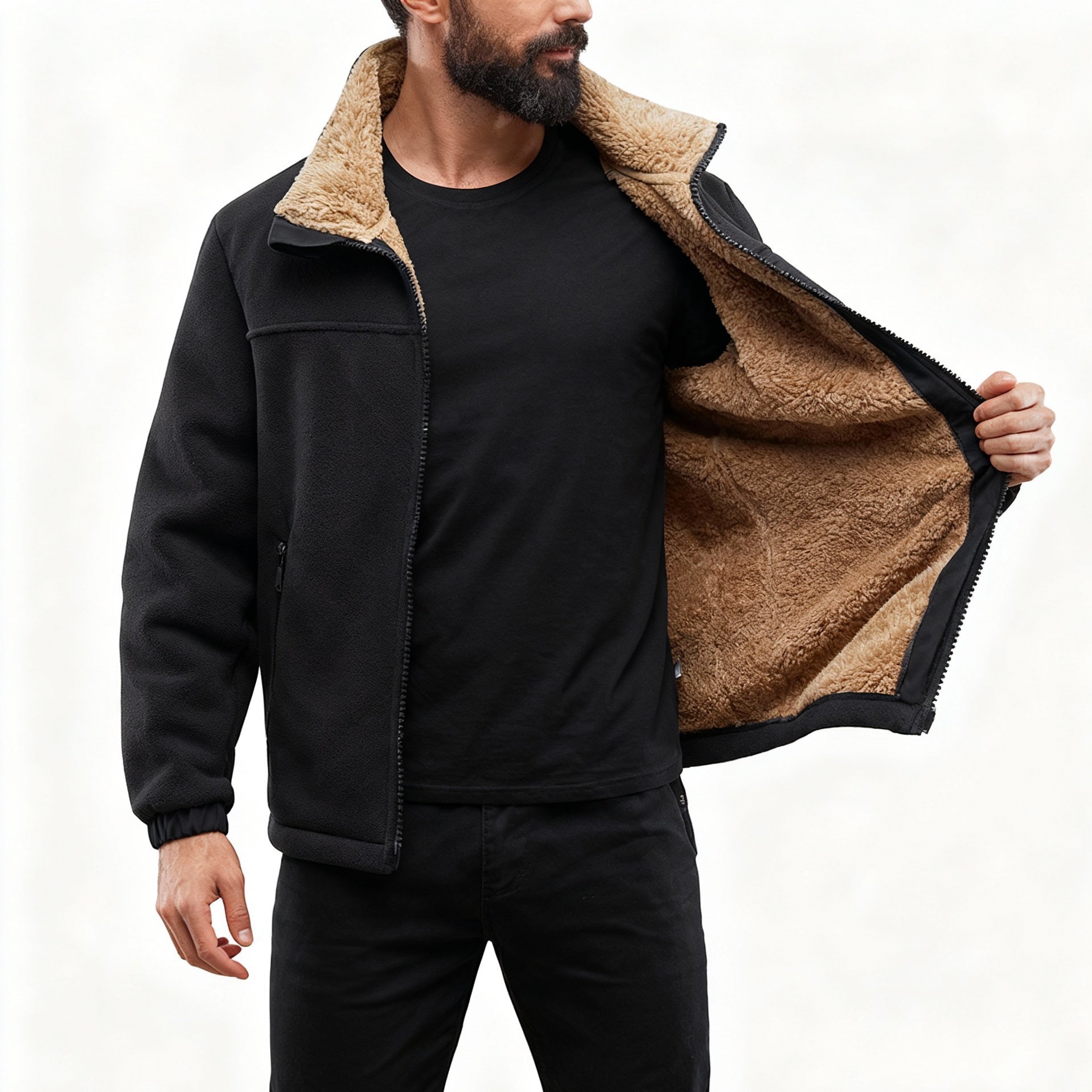Black polar fleece jacket with a plush tan sherpa-lined stand collar and interior, featuring a zip-front closure.