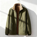 Olive green polar fleece jacket with a plush tan sherpa-lined stand collar, zip-up front, and zippered side pockets.