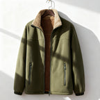 Olive green polar fleece jacket with a plush tan sherpa-lined stand collar, zip-up front, and zippered side pockets.