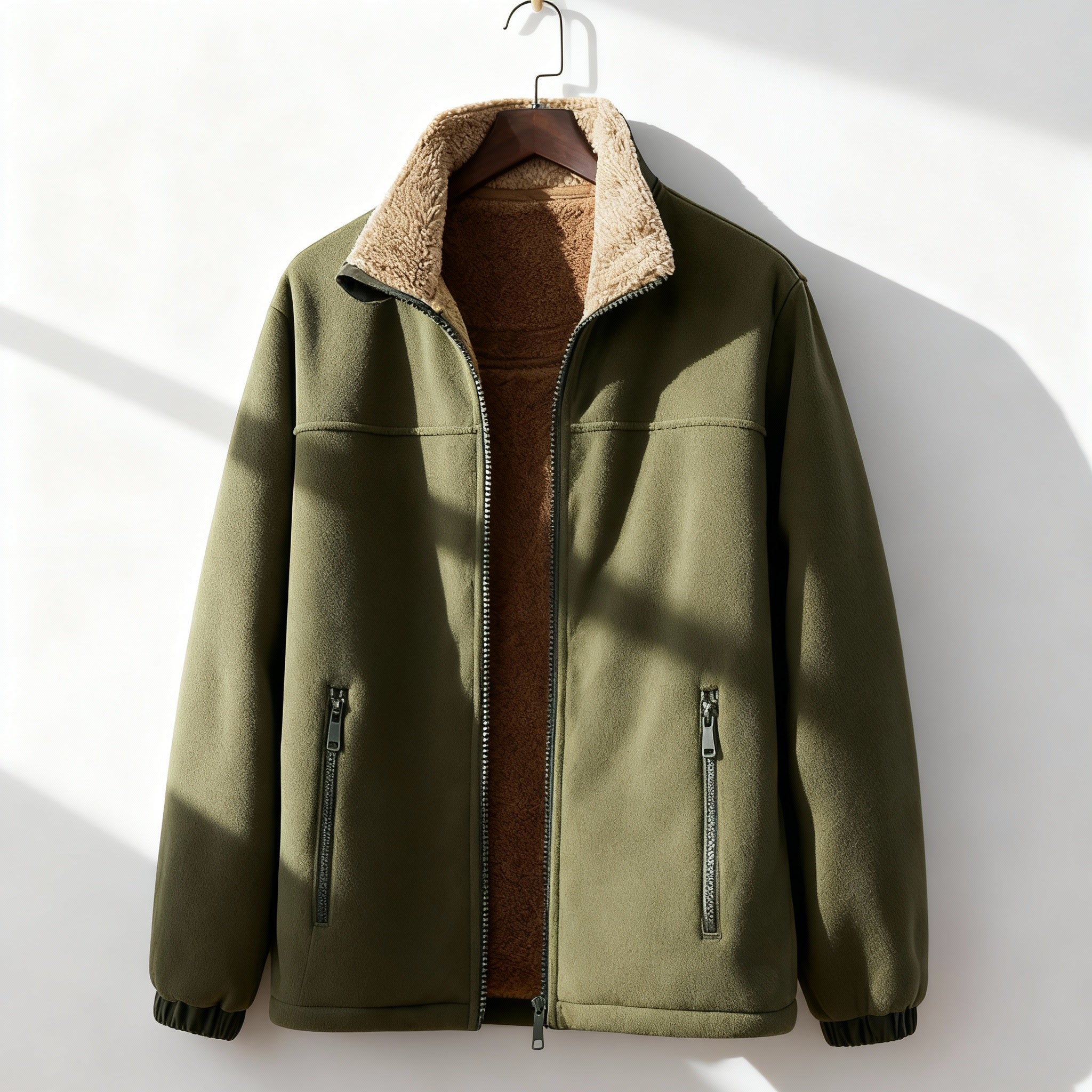 Olive green polar fleece jacket with a plush tan sherpa-lined stand collar, zip-up front, and zippered side pockets.