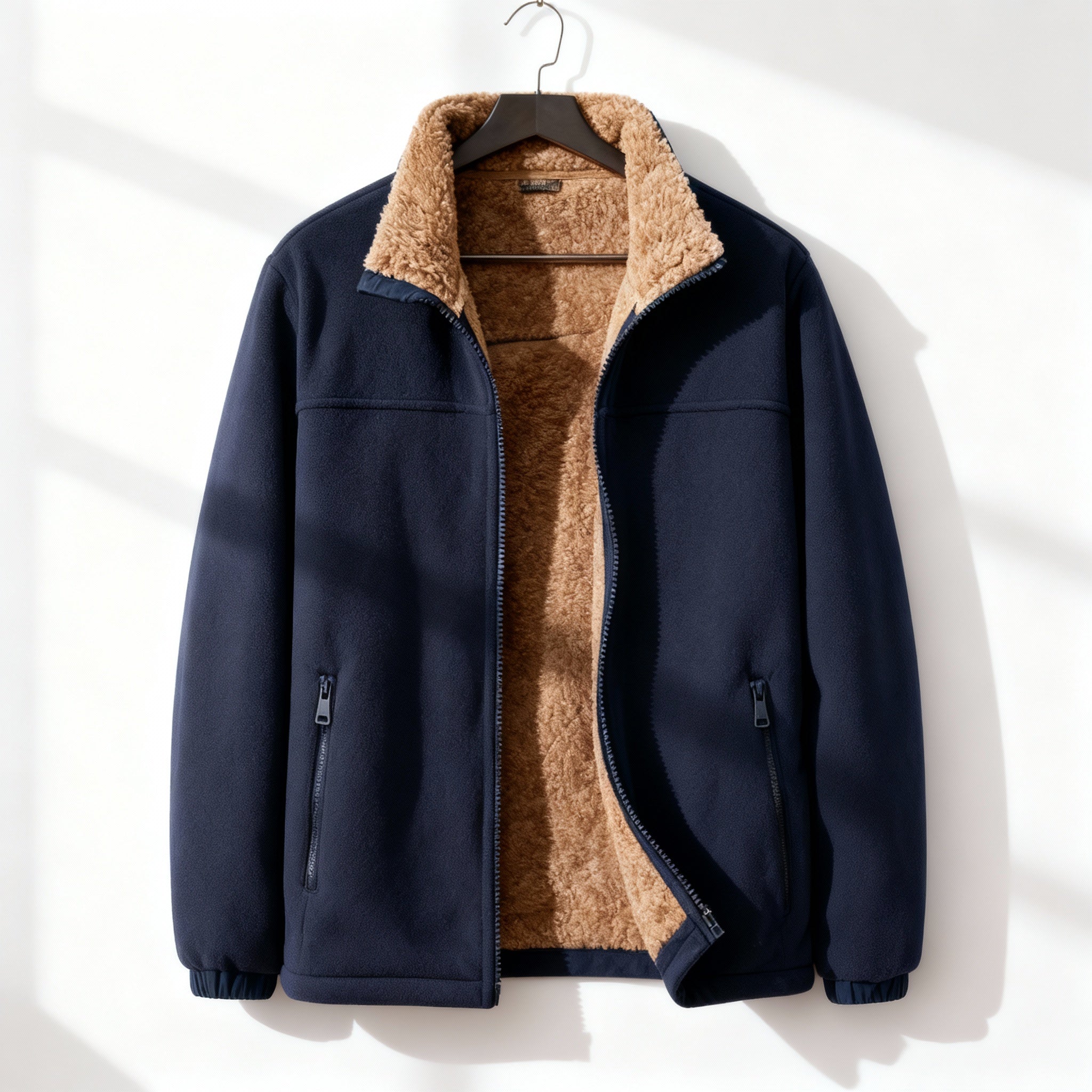 Navy blue polar fleece jacket with a plush tan sherpa lining and stand collar, hanging on a hanger.