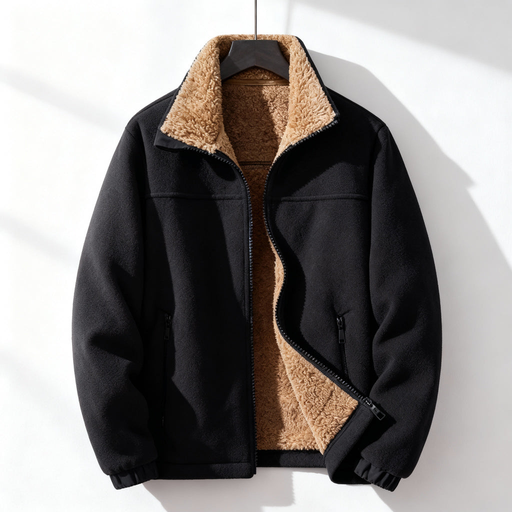 Black polar fleece jacket with a plush tan sherpa-lined stand collar and interior, featuring a zip front and elastic cuffs.