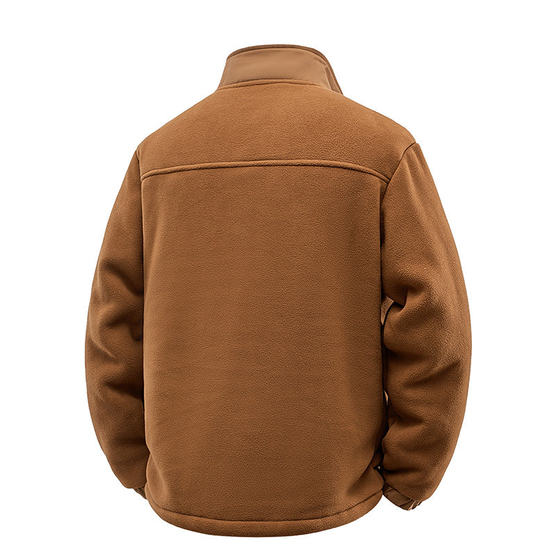 Tan polar fleece jacket with a stand collar, featuring a smooth, dense texture and elastic hem in a classic fit.