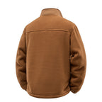 Tan polar fleece jacket with a stand collar, featuring a smooth, dense texture and elastic hem in a classic fit.