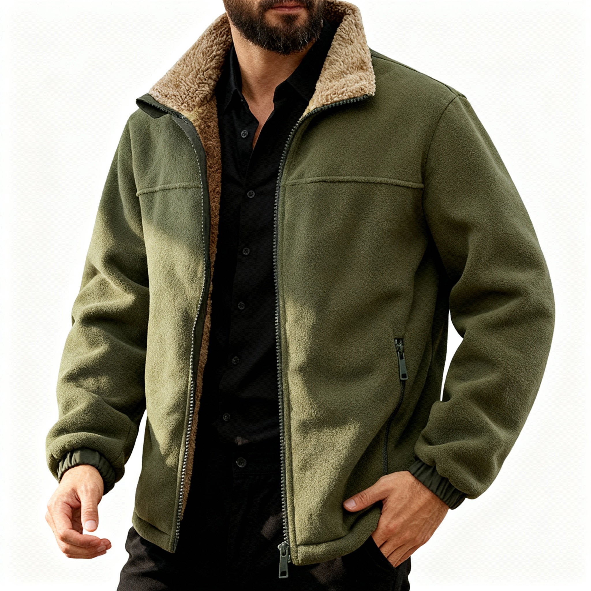 Olive green polar fleece jacket with a plush sherpa-lined stand collar, zip-front closure, and elastic cuffs.