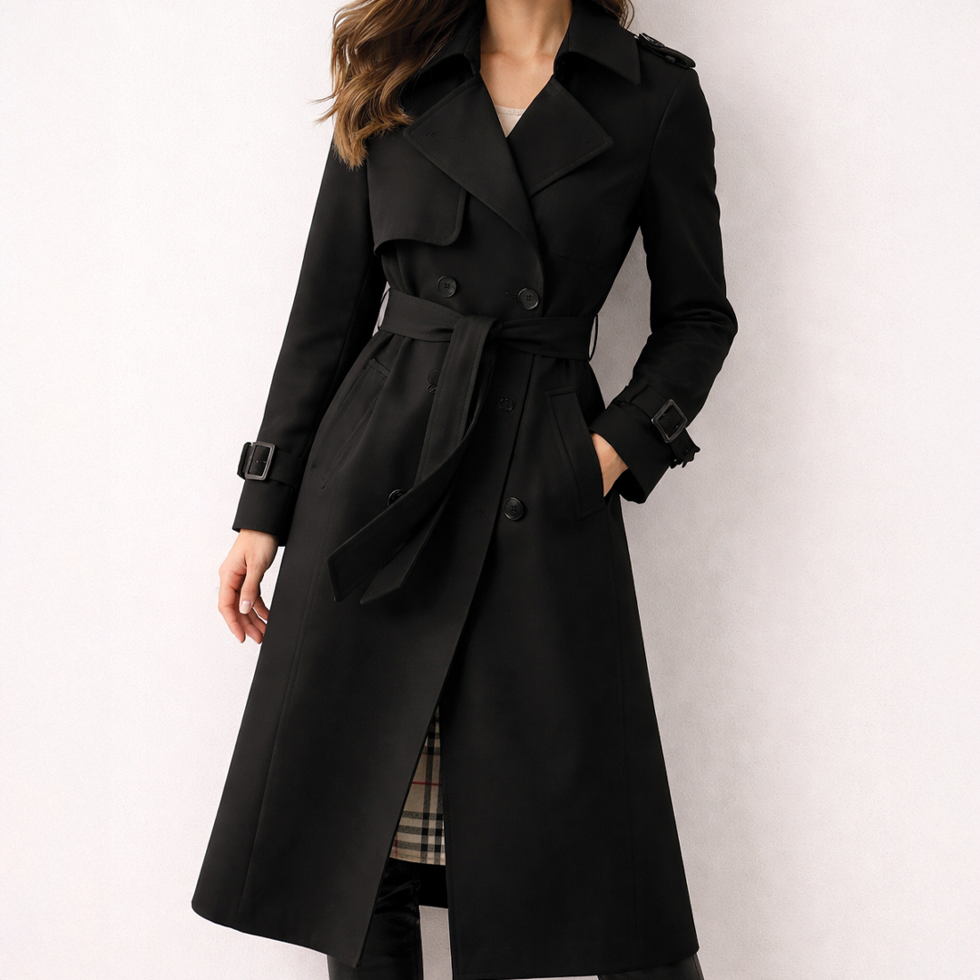 Black double-breasted trench coat in smooth polyester twill with a belted waist, buckled cuffs, and visible checked lining.