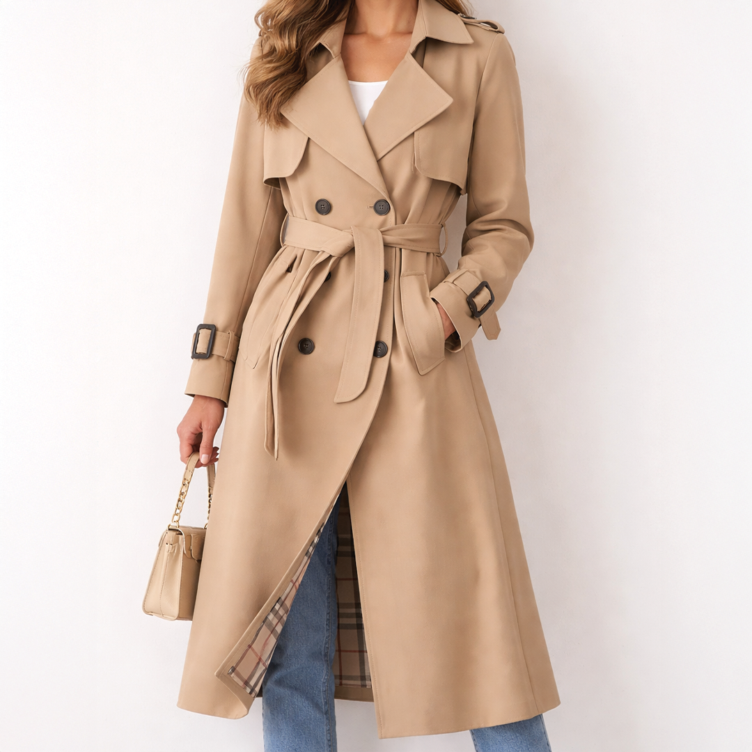 Beige longline double-breasted trench coat in polyester twill with a belted waist, buckled cuffs, and checked inner lining.