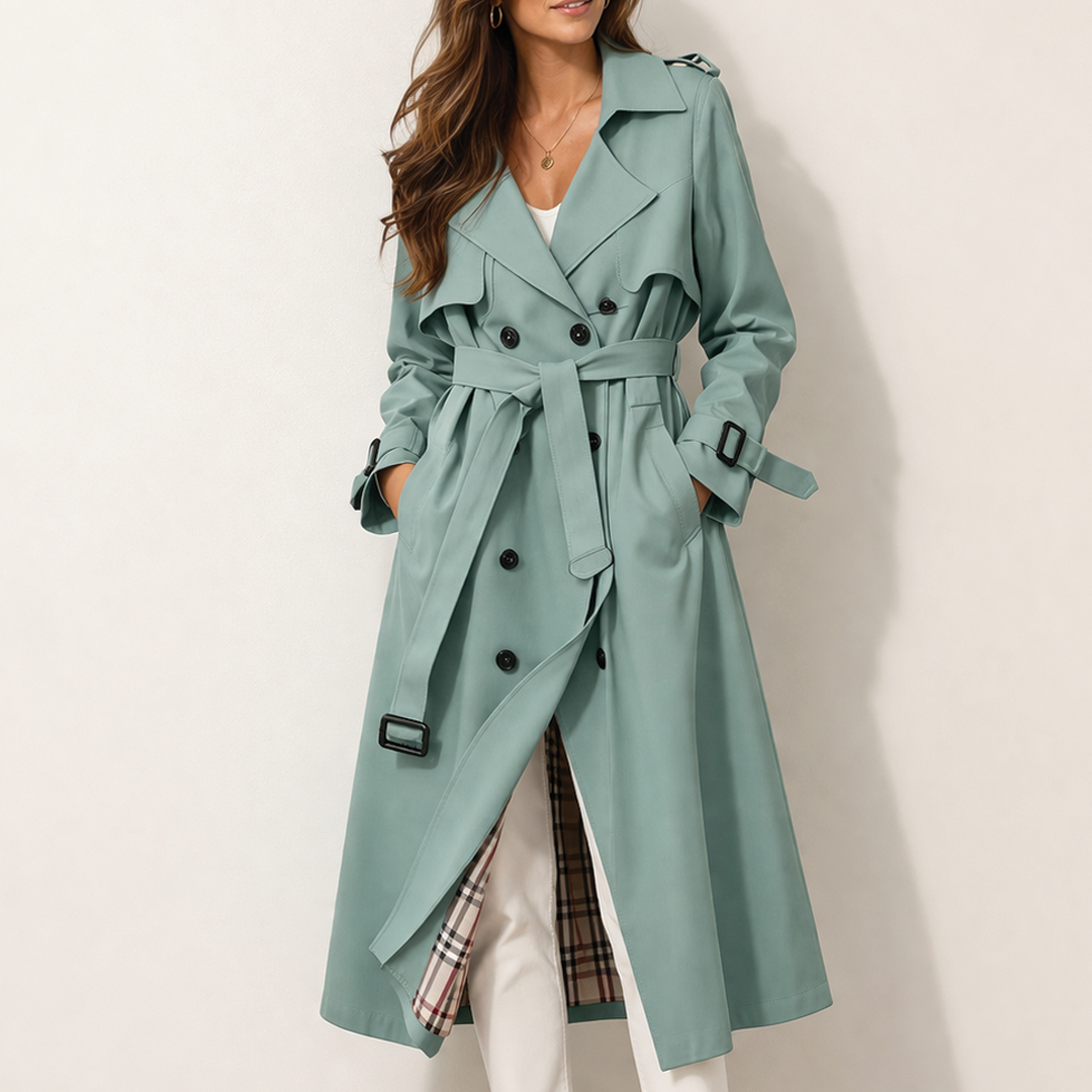 Sage green longline trench coat in polyester twill with a double-breasted front, belted waist, and checked inner lining.