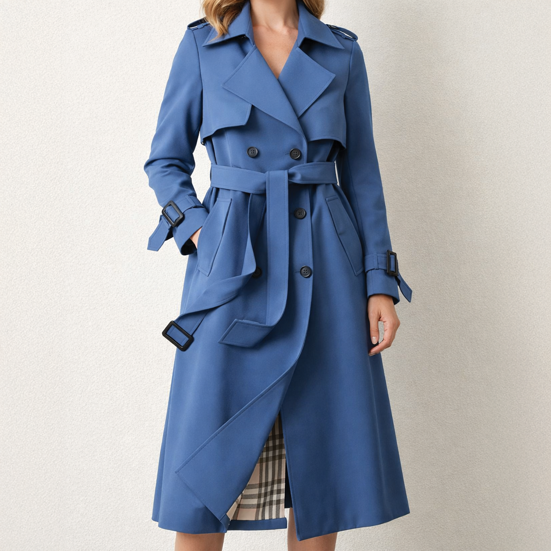 Blue longline double-breasted trench coat in polyester twill with a belted waist, buckled cuffs, and checked lining.