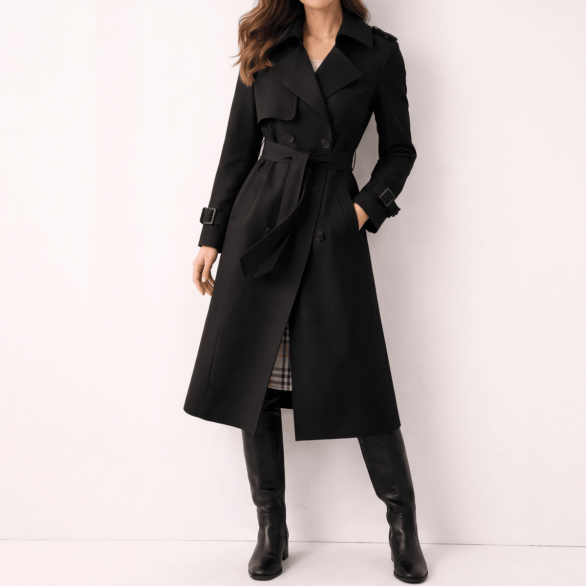 Black longline double-breasted trench coat in polyester twill with a belted waist, buckled cuffs, and checked lining.