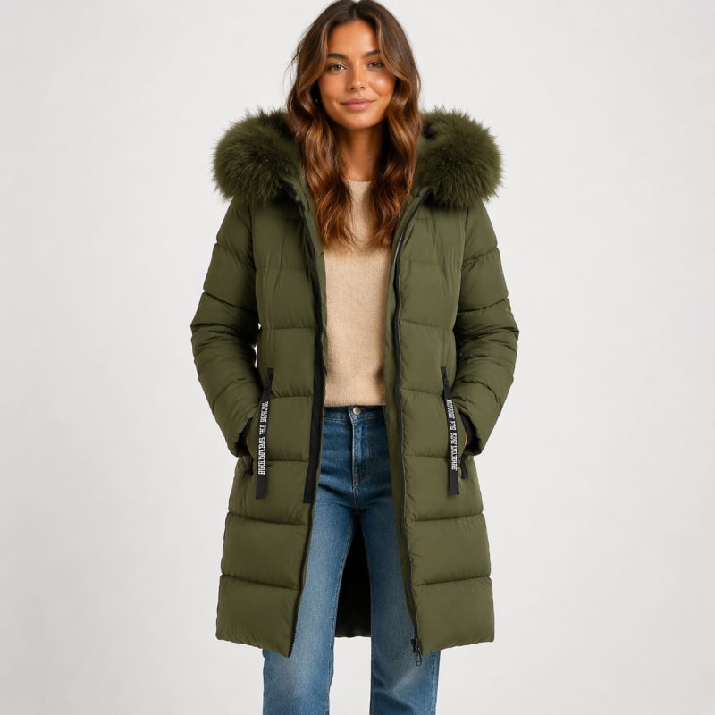 Olive green longline quilted parka with a faux-fur trimmed hood, two-way zip, and zip pockets, worn over jeans.