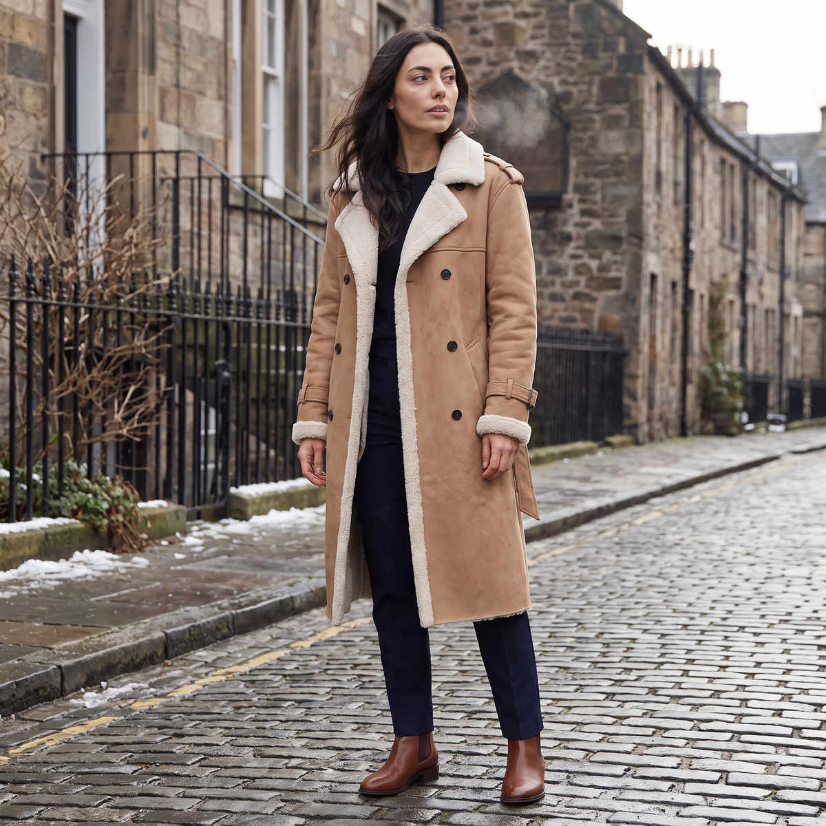 A woman wearing a tan longline leather aviator coat with borg trim and tie waist, walking on a city street