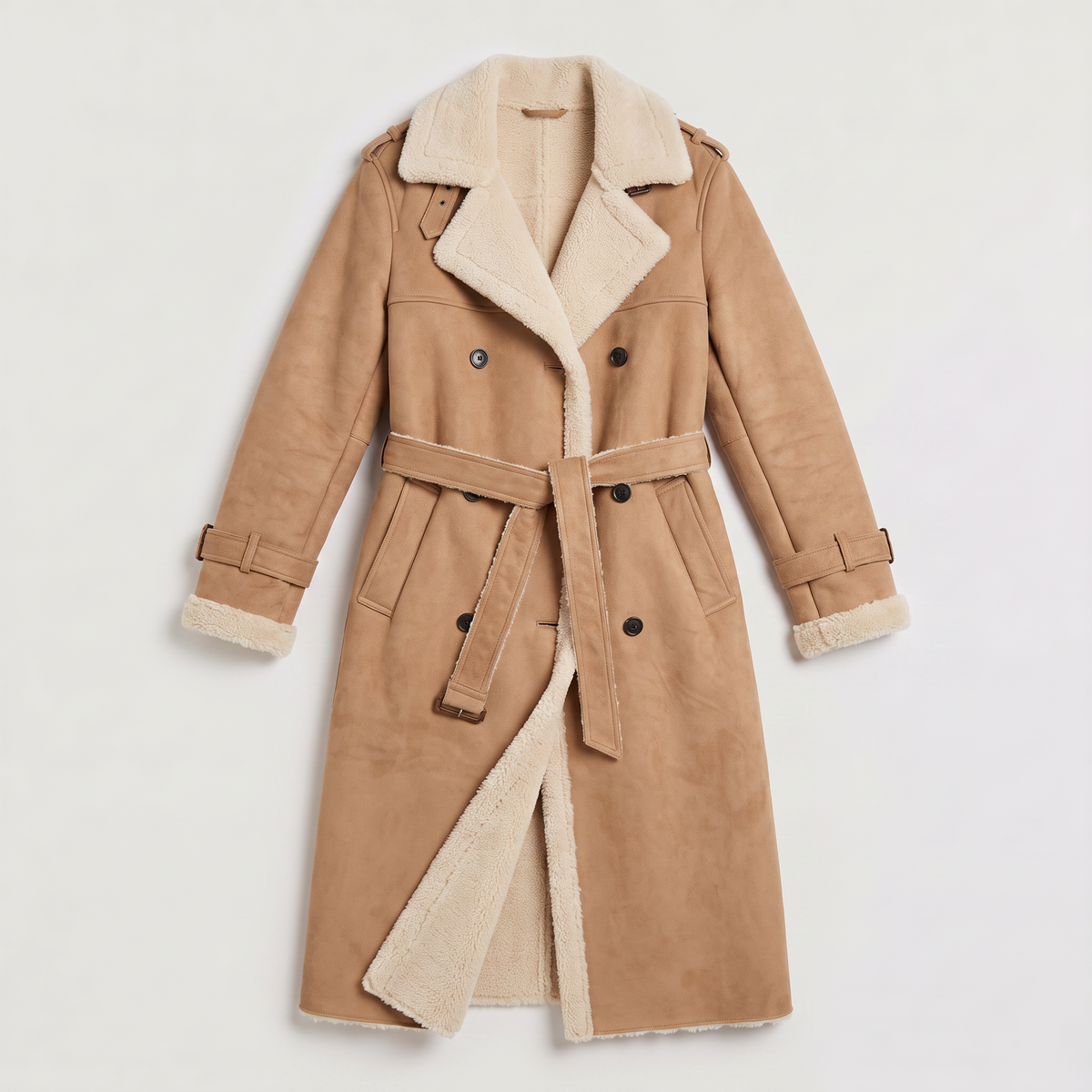 A tan longline leather aviator coat with borg trim, tie waist, and double-breasted button front, shown flat