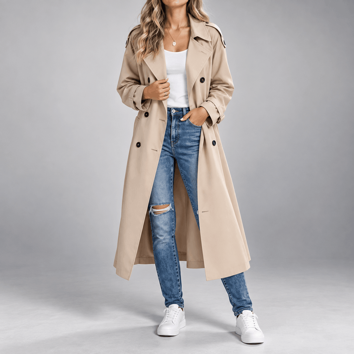 Beige double-breasted longline trench coat with wide notch lapels, buttoned cuffs, and side pockets worn over blue jeans.