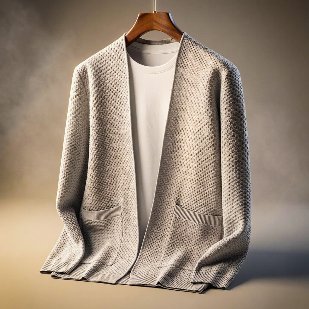 Lorenzo Honeycomb Knit Cardigan – Pima Cotton Ribbed Pocket Relaxed Fit Sweater